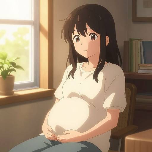 Anime-style digital drawing of a pregnant woman with black hair, wearing a white shirt, sitting in a sunlit room, gently cradling her belly