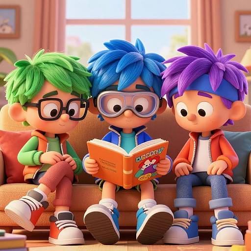 Three cartoon boys with vibrant hair (green, blue, purple) in glasses, sitting on a couch, reading a book together in a bright living room