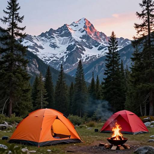 Vibrant Campsite by Snowy Mountains