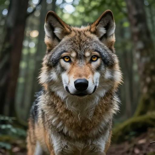 Photograph of a realistic, detailed wolf with piercing amber eyes, standing in a dense, sunlit forest, showcasing its thick, multi-colored fur.