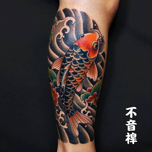 Vibrant tattoo of a colorful koi fish with flowing waves, red and orange scales, and green eyes on a dark background. Japanese characters on