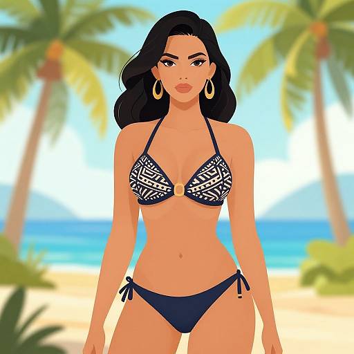 Digital illustration of a tan-skinned woman with long black hair, wearing a black and white patterned bikini and gold hoop earrings, standing on a sunny