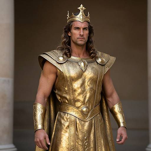 Photograph of a muscular man with long brown hair, wearing a gold ornate king's crown and matching armor, standing confidently.