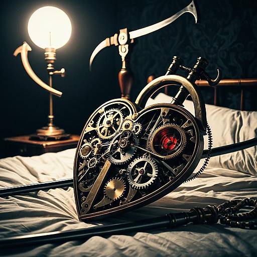 Spotlit Steampunk Mechanical Heart in Bed