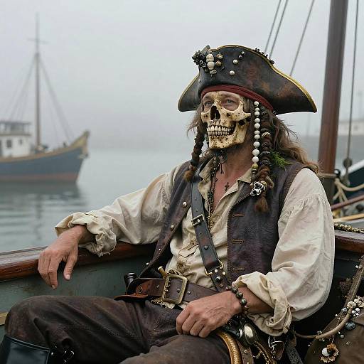 Photograph of a grizzled pirate with a skull mask, black tricorn hat, white shirt, and brown vest, sitting on a ship's