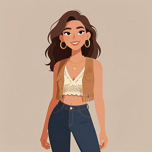 Digital illustration of a smiling woman with long brown hair, wearing a fringed brown vest, white lace crop top, and high-waisted blue jeans