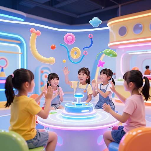 Photograph of four Asian girls with black hair in colorful outfits, laughing and clapping at a glowing, neon-lit interactive play area with floating,