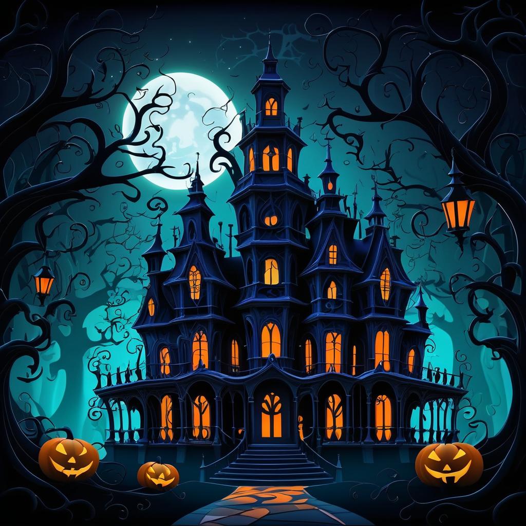 Eerie Cartoon Halloween Mansion Scene