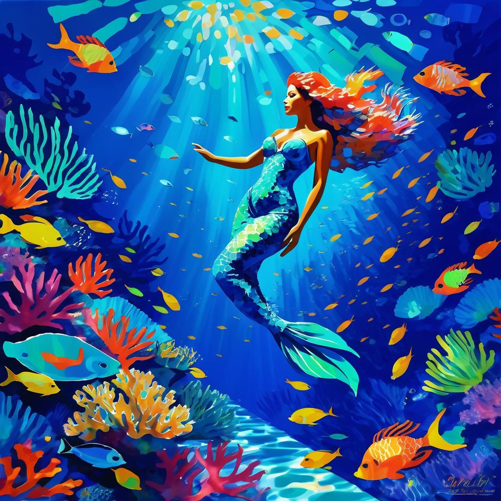 Vibrant Impressionistic Mermaid in Coral Reef