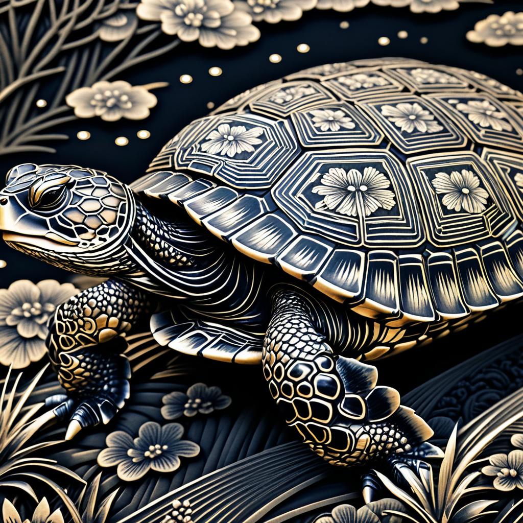 Hyper-Realistic Turtle in Woodblock Style