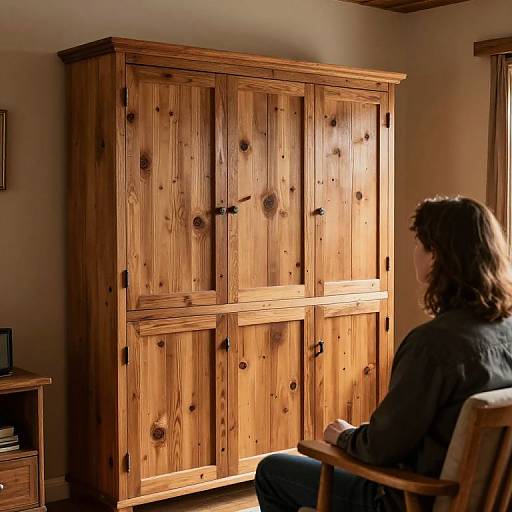 Photograph of a person with brown hair, wearing a dark sweater, sitting in a wooden chair, facing a large, rustic, wooden cabinet with visible