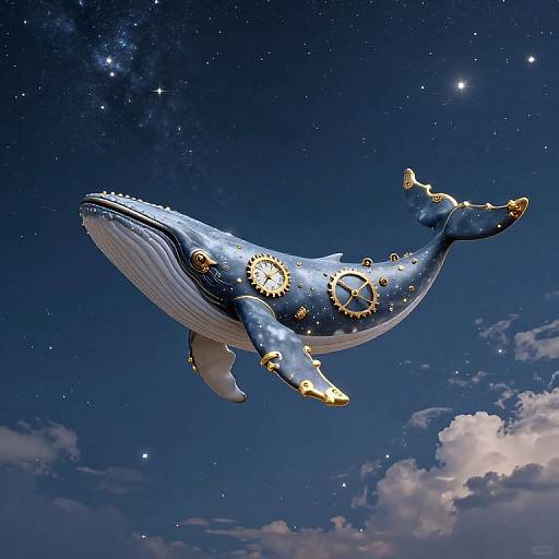 Digital illustration of a blue whale with golden gears and clockwork mechanisms, floating in a starry night sky with clouds.