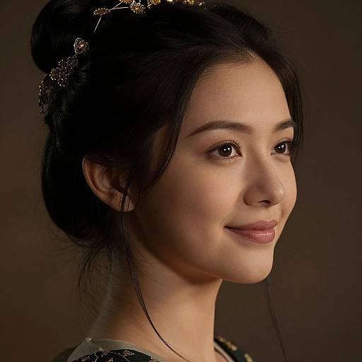 Photograph of an Asian woman with fair skin and dark hair in an updo, adorned with a gold floral headpiece, smiling softly, against a