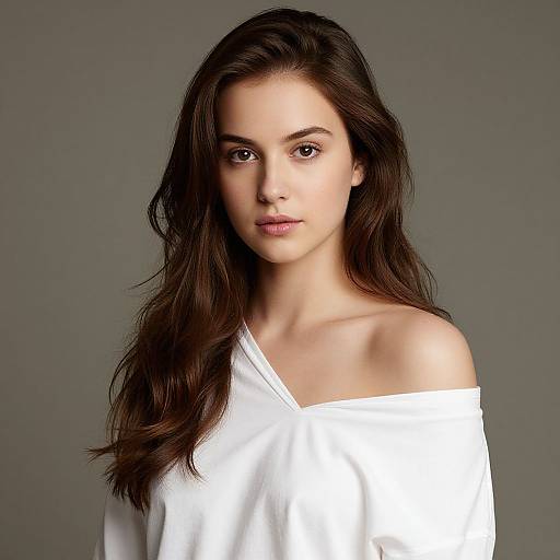 Photograph of a young woman with long, wavy brown hair, wearing an off-shoulder white shirt, against a plain gray background. She