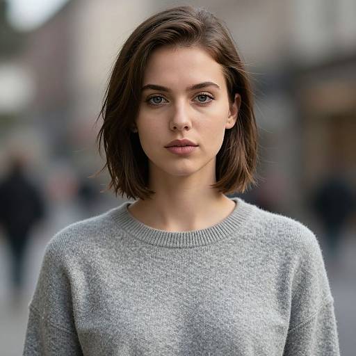 Photograph of a young woman with fair skin, shoulder-length brown hair, and blue eyes, wearing a light gray sweater, standing in a blurred urban
