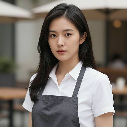 Photograph of an Asian woman with long black hair, wearing a white shirt and black apron, standing outdoors with blurred cafe background.