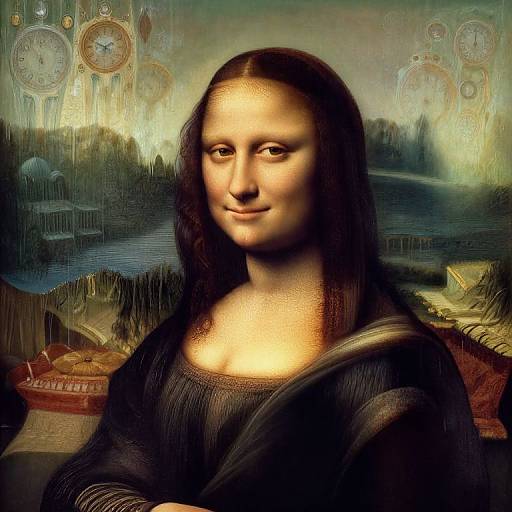Digital artwork merging Mona Lisa's portrait with surreal clock-like structures in the background, blending Renaissance style with modern, abstract elements.