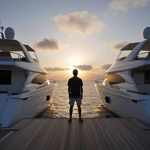 Silhouetted man stands on wooden dock between two yachts, watching a sunset over calm ocean, with clouds illuminated by golden light. Photograph.