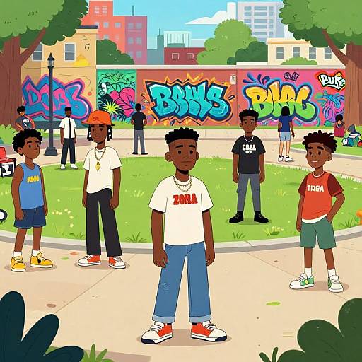 Colorful digital illustration of diverse Black boys in urban park, wearing various clothes, standing before vibrant graffiti wall and cityscape.
