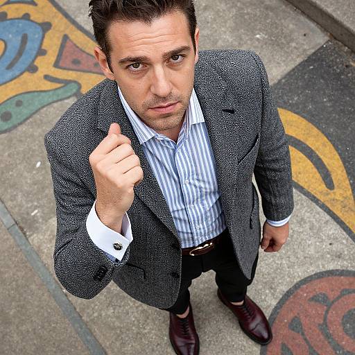 Photograph of a white man with short dark hair, wearing a gray blazer, blue striped shirt, black pants, and brown shoes, standing on
