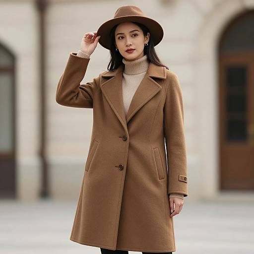 Photograph of an Asian woman in a brown coat and hat, beige turtleneck, standing outdoors in a blurred urban background.