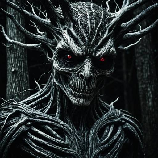 Close-Up of Humanoid Tree Monster with Red Eyes