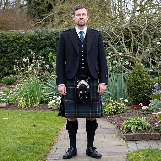 Man in Kilt Standing in Garden
