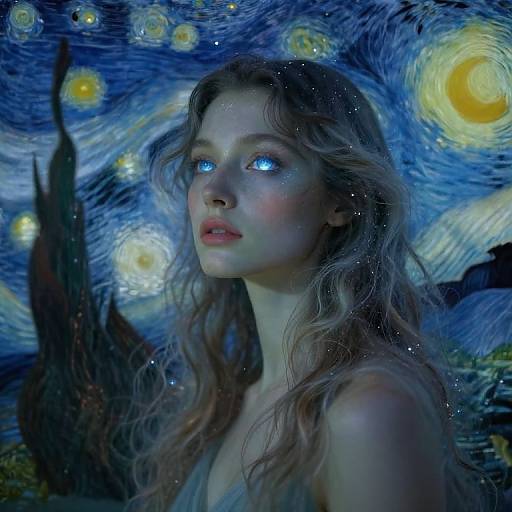 Digital artwork of a fair-skinned woman with glowing blue eyes, wavy blonde hair, and illuminated face, set against a vivid, swirling night sky