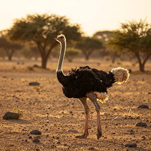Photograph of an ostrich in a sunlit, arid savanna with scattered rocks and acacia trees, backlit by a glowing sunset.