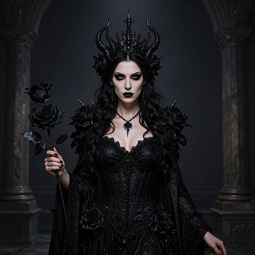 Photograph of a pale, dark-haired woman with black gothic crown, black lace dress, black roses, and dark lipstick, standing in a dim