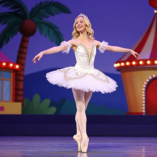 Blonde ballerina in white tutu and tiara, dancing en pointe on stage with palm trees and circus tent backdrop. Bright, cheerful