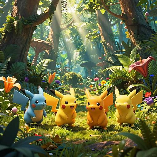 Photorealistic CGI of four Pokémon (Pikachu, Raichu, and two Pikachu) in a sunlit, vibrant forest filled with colorful