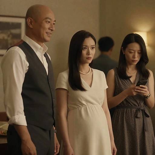 Three People in a Dimly Lit Room