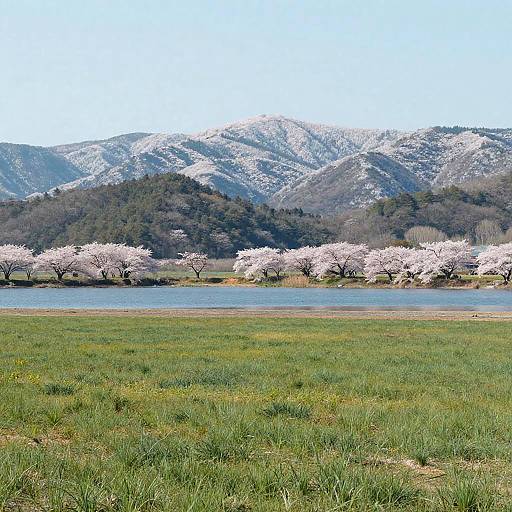 Sakura Trees by Lake with Snow-Covered Hills