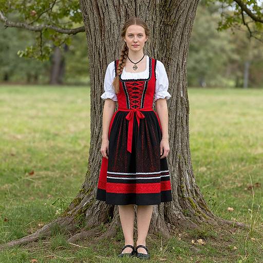 Photograph of a young white woman with long red-braided hair, wearing a traditional German dirndl dress (red, white, black), standing