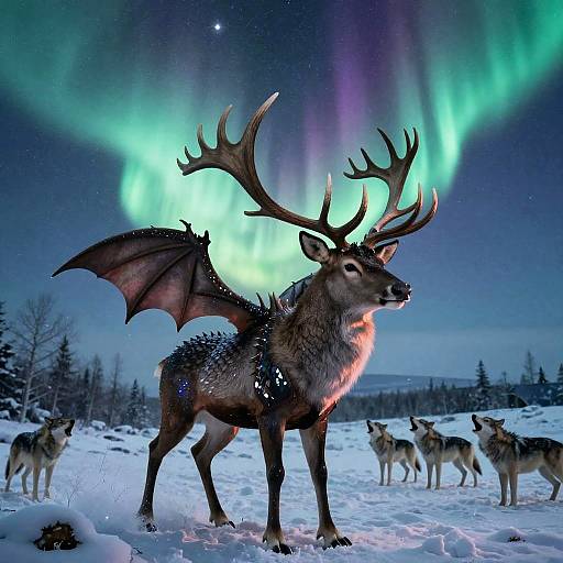 Photograph of a mythical deer with bat wings and large antlers, standing in snowy landscape under vibrant green and purple Northern Lights, surrounded by real wolves