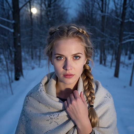 Photograph of a young woman with braided blonde hair, blue eyes, and fair skin, wrapped in a white knitted shawl, standing in