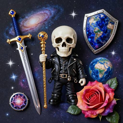 Digital artwork of a skull warrior with a golden sword, shield, globe, rose, and gem, set against a starry, galaxy backdrop.