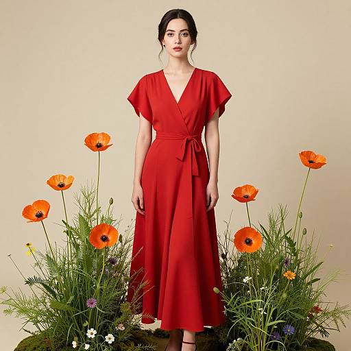Elegant Woman in Red Among Flowers