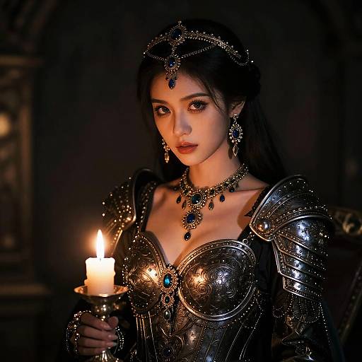 Photorealistic digital artwork of a beautiful, fair-skinned woman with dark hair, wearing ornate, silver armor and jeweled headpiece, holding