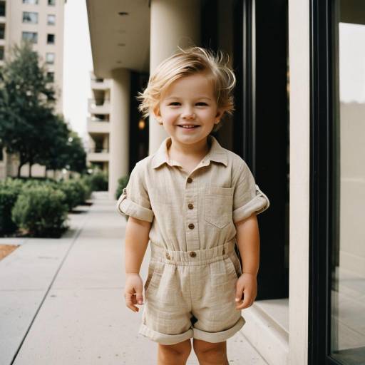 Smiling Toddler Boy in Beige Linen Romper Outdoors