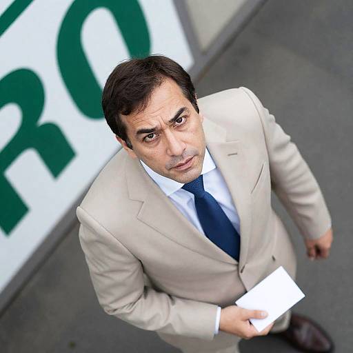 Intense Middle-Aged Man in Beige Suit