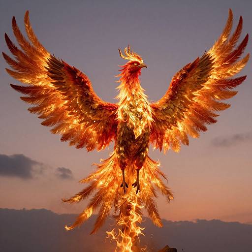 Photograph of a fiery, majestic phoenix with outstretched wings, glowing orange and red feathers, set against a twilight sky with soft purple and pink