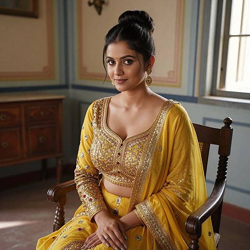 Photograph of an Indian woman with dark hair in an updo, wearing a golden, intricately embroidered traditional saree, sitting on a wooden chair