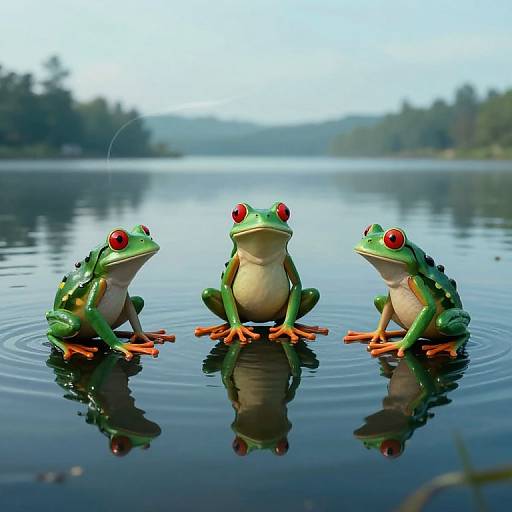 Photograph of three vibrant green tree frogs with red eyes, orange toes, and reflective water background, sitting in a calm lake.