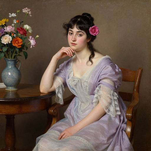 Photorealistic painting of a fair-skinned woman with dark hair, pink rose in hair, wearing a lavender dress with lace, sitting by a wooden