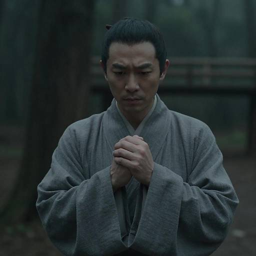 Mysterious Asian Man in Dark Forest