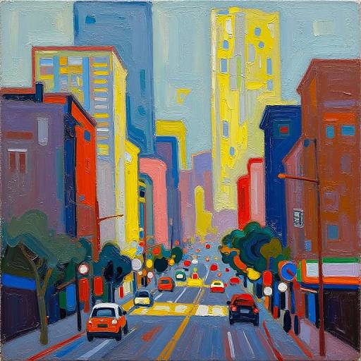Vibrant urban street painting: bright yellow and red buildings, colorful cars, trees, and streetlights, using bold, expressive brushstrokes.