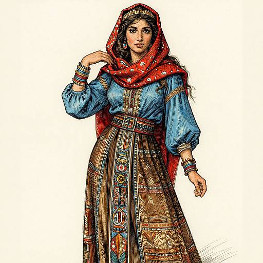 Colorful digital illustration of a woman with long brown hair, wearing a red patterned headscarf, blue long-sleeve shirt, and intric