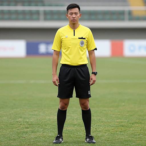 Photograph of an Asian male soccer referee standing on a green field, wearing a yellow shirt, black shorts, and socks, with a serious expression.